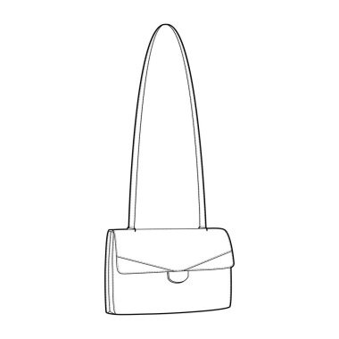 1970 'lerin Çapraz Vücut Omuz Torbası. Moda aksesuarı teknik illüstrasyon. Erkekler, kadınlar, unisex tarzı, düz çanta CAD taslak taslağı için vektör önü 3-4 görünümü izole edilmiş