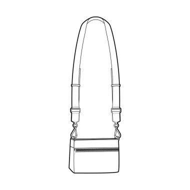 Çapraz-Vücut Torbası ve çıkarılabilir kayış seçenekleri kutusu silueti. Moda aksesuarı teknik illüstrasyon. Erkekler, kadınlar, unisex tarzı, düz çanta CAD taslak çizimi için vektör önü 3-4 görünümü