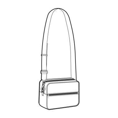 Çapraz-Vücut Torbası ve çıkarılabilir kayış seçenekleri. Moda aksesuarı teknik illüstrasyon. Erkekler, kadınlar, unisex tarzı, düz çanta CAD taslak taslağı için vektör önü 3-4 görünümü izole edilmiş