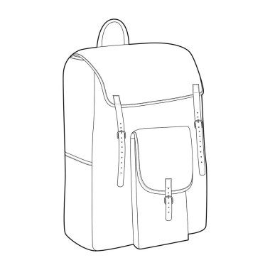 Sırt çantası siluet çanta. Moda aksesuarı teknik illüstrasyon. Erkekler, kadınlar, unisex tarzı, düz çanta CAD taslak taslağı için vektör önü 3-4 görünümü izole edilmiş