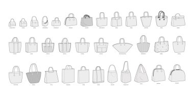 Set of Tote Bags silhouette. Fashion accessory technical illustration. Vector satchel front 3-4 view for Men, women, unisex style, flat handbag CAD mockup sketch outline isolated clipart