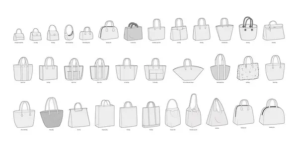 stock vector Set of Tote Bags silhouette. Fashion accessory technical illustration. Vector satchel front 3-4 view for Men, women, unisex style, flat handbag CAD mockup sketch outline isolated