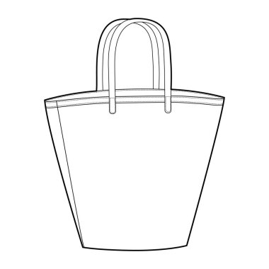 Büyük boy Trapezoid Tote Market sepet şeklinde siluet çanta. Moda aksesuarı teknik illüstrasyon. Erkek, kadın tarzı, düz çanta modeli CAD özeti için vektör önyüzü 3-4 görünümü izole edildi