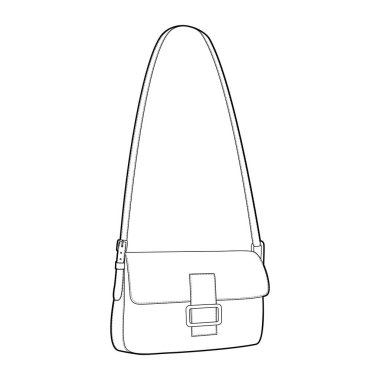 Baguette Cross-Body Poşet silueti. Moda aksesuarı teknik illüstrasyon. Erkekler, kadınlar, unisex tarzı, düz çanta CAD taslak taslağı için vektör önü 3-4 görünümü izole edilmiş
