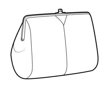 Kiss Lock el çantası debriyaj siluet çanta. Moda aksesuarı teknik illüstrasyon. Erkekler, kadınlar, unisex tarzı, düz çanta CAD taslak taslağı için vektör önü 3-4 görünümü izole edilmiş