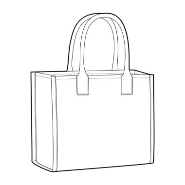 Tote Box Bag siluet çanta. Moda aksesuarı teknik illüstrasyon. Erkekler, kadınlar, unisex tarzı, düz çanta CAD taslak taslağı için vektör önü 3-4 görünümü izole edilmiş