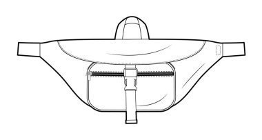 Üstü açık bel çantası silueti. Moda aksesuarı teknik illüstrasyon. Erkekler, kadınlar, unisex tarzı, düz çanta CAD taslak taslağı için vektör önü 3-4 görünümü izole edilmiş