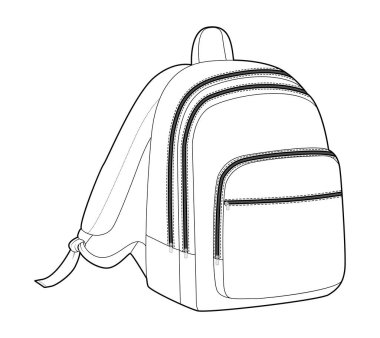 Okul çantası, siluet çanta. Moda aksesuarı teknik illüstrasyon. Erkekler, kadınlar, unisex tarzı, düz çanta CAD taslak taslağı için vektör önü 3-4 görünümü izole edilmiş