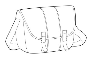 Kurye Torba silueti. Moda aksesuarı teknik illüstrasyon. Erkekler, kadınlar, unisex tarzı, düz çanta CAD taslak taslağı için vektör önü 3-4 görünümü izole edilmiş