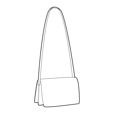 Akordeon kompartıman çantası silueti çapraz gövde. Moda aksesuarı teknik illüstrasyon. Erkek, kadın tarzı, el çantası modeli CAD taslak taslağı için vektör önü 3-4 görünümü izole edildi