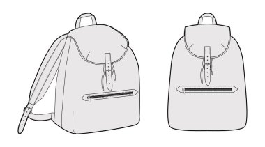 Kamp çantası silueti. Moda aksesuarı teknik illüstrasyon. Vektör okul çantası erkek, kadın, unisex tarzı, düz çanta CAD taslak çizimi için 3-4 ön görünüm izole