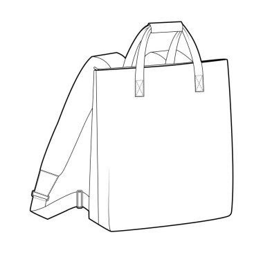Üstü açılabilir siluet çanta ve saplı çanta. Moda aksesuarı teknik illüstrasyon. Vector okul çantası Erkek, kadın, unisex tarzı, düz çanta CAD taslak çizimi izole edilmiş