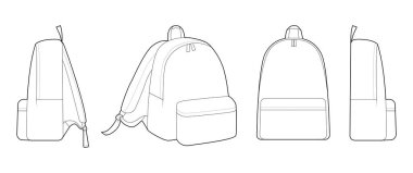 Moda sırt çantası siluet çantası seti. Moda aksesuarı teknik illüstrasyon. Vektör okul çantası önü, erkekler, kadınlar için 3-4 görünümü, unisex tarzı, düz çanta CAD taslak çizimi izole edilmiş