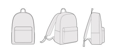 Sırt çantası siluet çanta. Moda aksesuarı teknik illüstrasyon. Vektör okul çantası önü, erkekler, kadınlar için 3-4 görünümü, unisex tarzı, düz çanta CAD taslak çizimi izole edilmiş