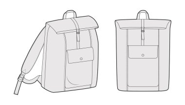 Üst sırt çantalı siluet çanta. Moda aksesuarı teknik illüstrasyon. Vektör okul çantası erkek, kadın, unisex tarzı, düz çanta CAD taslak çizimi için 3-4 ön görünüm izole