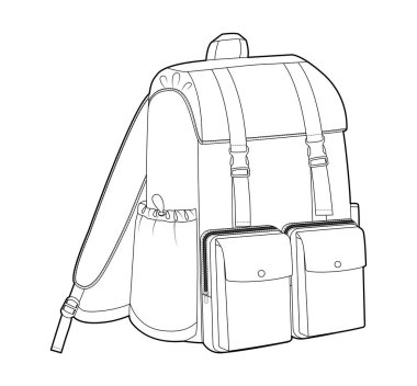 Kâşif sırt çantası silueti. Moda aksesuarı teknik illüstrasyon. Vector okul çantası Erkek, kadın, unisex tarzı, düz çanta CAD taslak çizimi izole edilmiş