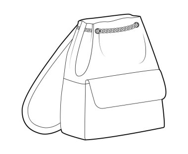 Zincir halkalı sırt çantası silueti çantası. Moda aksesuarı teknik illüstrasyon. Vector okul çantası Erkek, kadın, unisex tarzı, düz çanta CAD taslak çizimi izole edilmiş