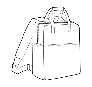 Çift kulplu siluet çantalı sırt çantası. Moda aksesuarı teknik illüstrasyon. Vector okul çantası Erkek, kadın, unisex tarzı, düz çanta CAD taslak çizimi izole edilmiş