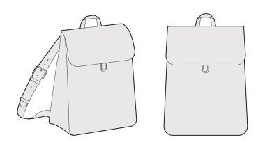 Slim Shape sırt çantası siluet çanta. Moda aksesuarı teknik illüstrasyon. Vektör okul çantası erkek, kadın, unisex tarzı, düz çanta CAD taslak çizimi için 3-4 ön görünüm izole