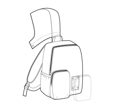 Kapüşonlu modüler sırt çantası. Moda aksesuarı teknik illüstrasyon. Vector okul çantası Erkek, kadın, unisex tarzı, düz çanta CAD taslak çizimi izole edilmiş