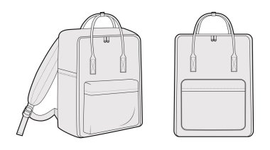 Saplı siluet çantalı macera çantası. Moda aksesuarı teknik illüstrasyon. Vektör okul çantası erkek, kadın, unisex tarzı, düz çanta CAD taslak çizimi için 3-4 ön görünüm izole