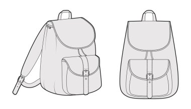 Macera sırt çantası siluet çanta. Moda aksesuarı teknik illüstrasyon. Vektör okul çantası erkek, kadın, unisex tarzı, düz çanta CAD taslak çizimi için 3-4 ön görünüm izole