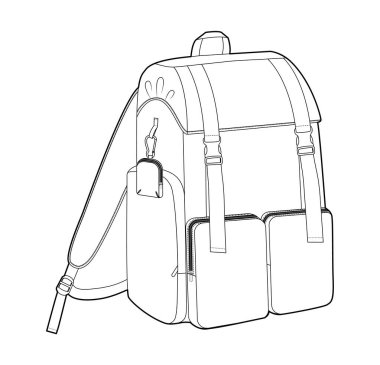 Macera sırt çantası siluet çanta. Moda aksesuarı teknik illüstrasyon. Vector okul çantası Erkek, kadın, unisex tarzı, düz çanta CAD taslak çizimi izole edilmiş