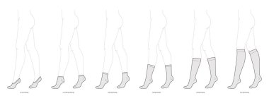Çorap takımı görünmezlik, düşük ayak bileği baldırı, diz boyu hortum. Moda aksesuarları teknik çizimler. Vektör, Erkekler için yan görünüm kadın tarzı, düz şablon CAD taslak çizimi