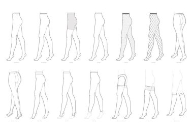 Bacakları üzerinde isim metni olan külotlu çorap seti. Moda aksesuarları teknik çizimler. Erkekler, kadınlar için vektör kenar görünümü uniseks tarzı, düz şablon CAD taslak çizimi izole edilmiş