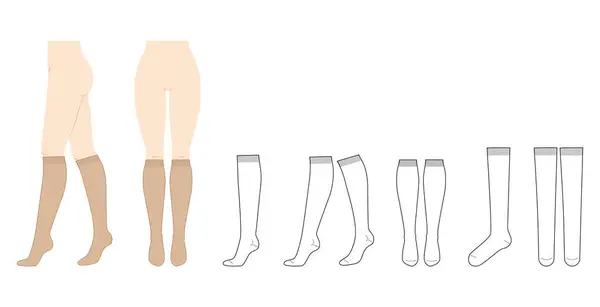 Knee High Socks Length Set Women Legs Cad Flat Template — Stok Vektör