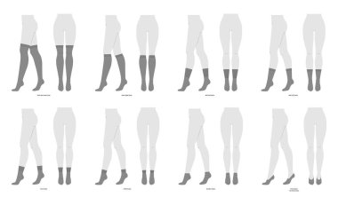 Çorap seti uzunluğunda, düşük kesim, düşük ayak bileği, mürettebat, orta baldır, diz hizasında, bacak hizasında. Moda aksesuarları teknik illüstrasyon çorapları. Vektör önü, kenar görünüm biçimi düz şablon