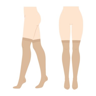 Diz üstü çorap boyu kadın bacaklarına sabitlenmiş. Çorap, moda, aksesuar, teknik illüstrasyon çorapları. Vektör önü, yan görünüm, düz şablon modelleme taslağı izole edilmiş beyaz arkaplan çizgisi