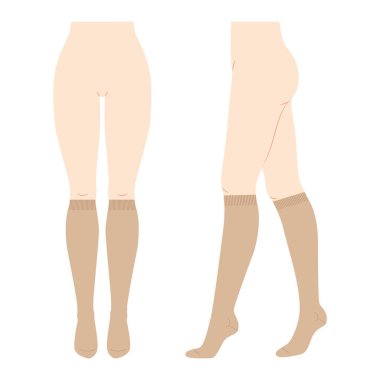 Diz boyu çoraplar kadın bacaklarında - doğal bej ve çizgi tarzı. Çorap, moda, aksesuar, teknik illüstrasyon çorapları. Vektör önü, yan görünüm, beyaz arkaplanda düz şablon modeli