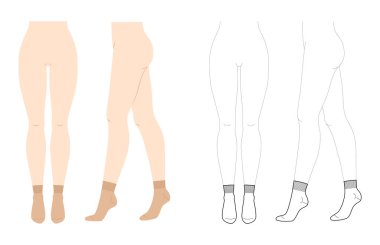 Kadın bacaklarına dizilmiş bilek çorapları. Doğal bej ve çizgi tarzı. Çorap, moda, aksesuar, teknik illüstrasyon çorapları. Öndeki vektör, yan görünüm, beyaz arkaplanda izole edilmiş düz şablon