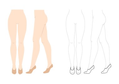 Ayak, kadın bacakları üzerine dizilmiş çoraplar - doğal bej ve çizgi tarzı. Çorap, moda, aksesuar, teknik illüstrasyon çorapları. Vektör önü, yan görünüm, beyaz arkaplanda düz şablon