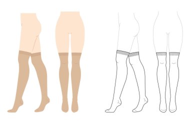 Diz üstü çoraplar kadın bacaklarında - doğal bej ve çizgi tarzı. Çorap, moda, aksesuar, teknik illüstrasyon çorapları. Vektör önü, yan görünüm, düz şablon modelleme çizimi izole edildi