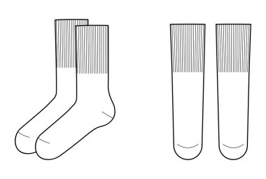 Geniş elastik bant uzunluklu Baldır Çorapları. Moda aksesuar aksesuarı teknik illüstrasyon. Vektör önü, erkekler için yan görünüm, kadın tarzı, düz şablon taslak çizimi izole edilmiş