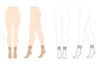 Kadın bacaklarına tayfa çorapları, doğal bej ve çizgi tarzı. Çorap, moda, aksesuar, teknik çizimler. Vektör önü, yan görünüm, düz şablon modelleme taslağı beyaz üzerine izole edilmiş.