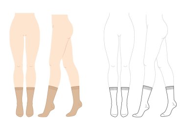 Kadın bacaklarına sabitlenmiş baldır çorapları - doğal bej ve çizgi tarzı. Çorap, moda, aksesuar, teknik illüstrasyon çorapları. Vektör önü, yan görünüm, düz şablon modelleme çizimi izole edildi