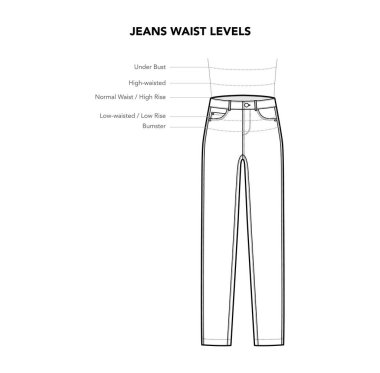 Pantolon Bel altı detayları- Bust, Hugh, Normal Belden Bel Tarzı Teknik Modelleme. Düz giysi şablonu ön görünüm. Kadınlar ve erkekler beyazlar üzerinde izole edilmiş CAD modelleri.