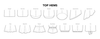 Shirt Hems Top Detayları - Straight, Shirttail, Baseball, Asymmetrical, Flare Banded Tie stilinde teknik moda illüstrasyonu. Düz giyim şablonu. Kadın ve erkek unisex CAD modelleri izole edildi