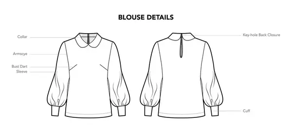 stock vector Set of Blouse Shirt Top details diagram with text names styles technical fashion illustration. Flat apparel template front, back view. Women, men unisex CAD mockup isolated on white background