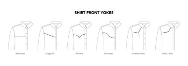 Shirt Top Front Yokes stilleri - Yatay, Batı, Çapraz, Kafa derisi, Snap Down teknik moda illüstrasyonu. Düz giyim şablonu. Kadınlar ve erkekler beyazlar üzerinde izole edilmiş CAD modelleri.