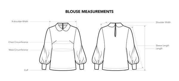 stock vector Set of Blouse Shirt Top Measurement - Circumference, Length, Width, Size, Chest Waist and Hip styles technical fashion illustration. Flat apparel template front, back. Women, men CAD mockup isolated