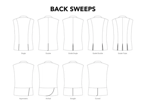 stock vector Set of Back Sweeps Jacket Coat details - Godet Single, Double Triple, Arched styles technical fashion illustration. Flat apparel template. Women, men unisex CAD mockup isolated on white background