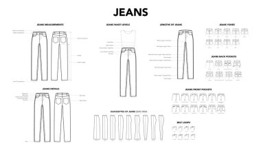 Jeans Pants 'ın ayrıntıları - Ölçüm, Uzunluk, Belden, Kemer Halkaları, Dart Yokes Silueti ve Pockets teknik moda illüstrasyonları. Düz giyim şablonu. Kadın ve erkek CAD modelleri izole edildi