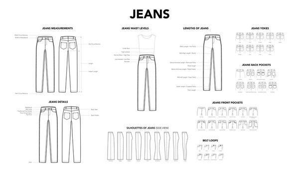Set of Jeans Pants details - Measurement, Length, Waistline, Belt Loops, Darts Yokes Silhouette and Pockets styles technical fashion illustration. Flat apparel template. Women, men CAD mockup isolated