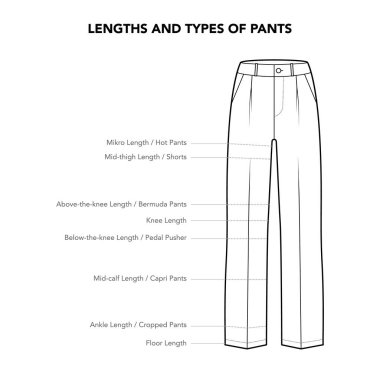 Pantolon Seti Ayrıntıları - Uzun Mikro, Ateşli, Diz, Pedal Pusher, Bermuda, Capri, Baldır Bileği stilinde teknik moda illüstrasyonu. Düz giysi şablonu ön görünüm. Kadın ve erkek unisex CAD modelleri izole edildi