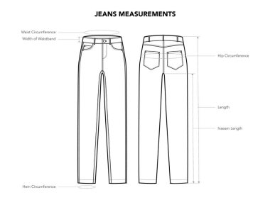 Jeans Pants Ölçüleri - Çevre, Uzunluk, Genişlik, Boyut, Belden ve Kalça Tarzı Teknik Moda Gösterimi. Düz giyim şablonu önü, arka görüş. Kadın ve erkek CAD modelleri izole edildi