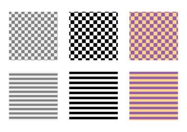 Çizgiler ve satranç tahtasının dikişsiz desenleri. Moda aksesuar teknikleri için baskı. Vektör Siyah, gri ve mor turuncu çizgiler düz çizim izole edildi